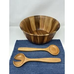 B. Smith Acacia Wood Big Salad bowl With Servers 3-Piece Bowl 13” Wide